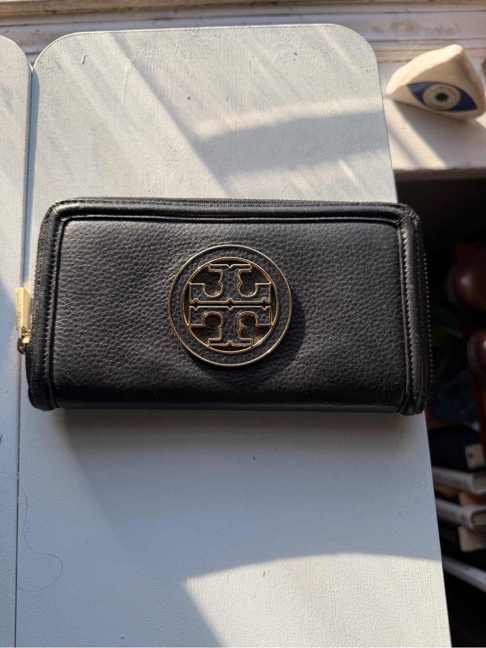 Tory Burch Black Leather Zip Card Wallet with Gold Logo Medallion